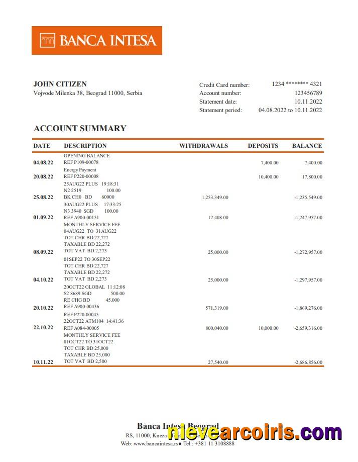 Serbia Banca Intesa bank statement xls